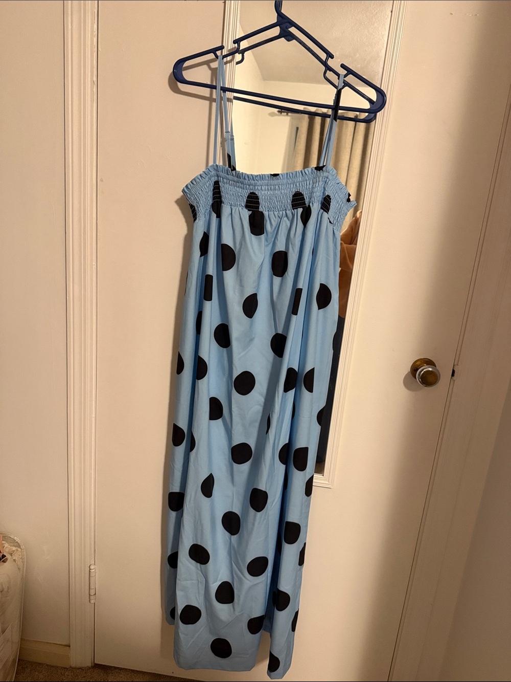 Light Blue Polka Dot Maxi Dress with Smocked Bodice